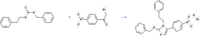 The Thiourea,N-(2-phenylethyl)-N'-(phenylmethyl)- can react with 2-Bromo-1-(4-nitro-phenyl)-ethanone to get C24H21N3O2S*BrH